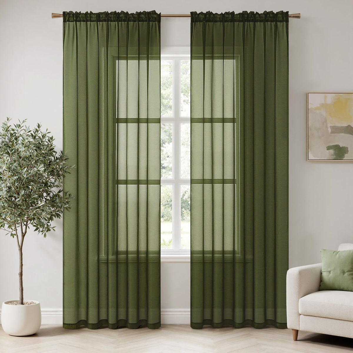 MIULEE olive green two-panel sheer curtains let in soft light while preserving privacy