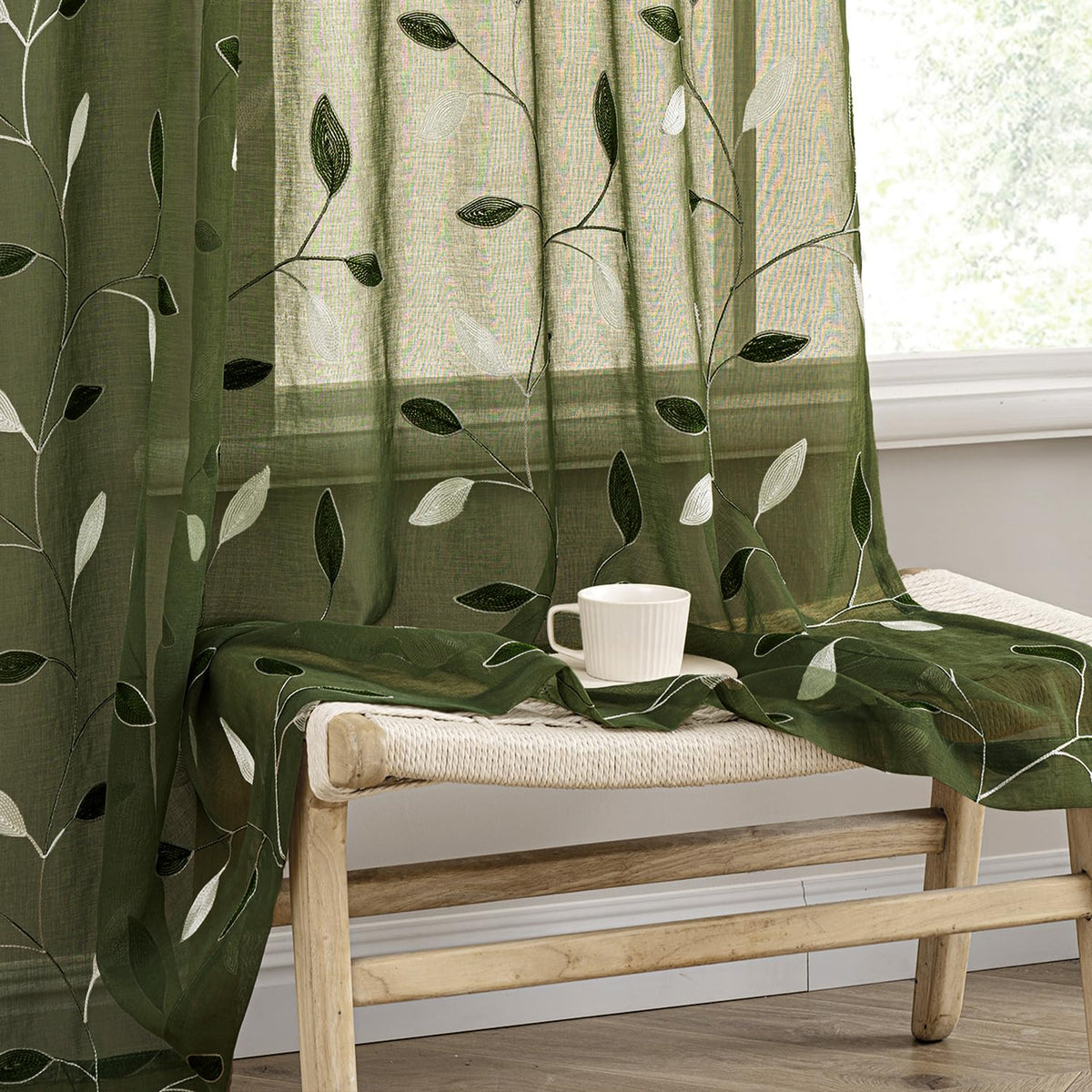 MIULEE olive green sheer curtains with embroidered leaves diffuse soft light for a fresh look.
