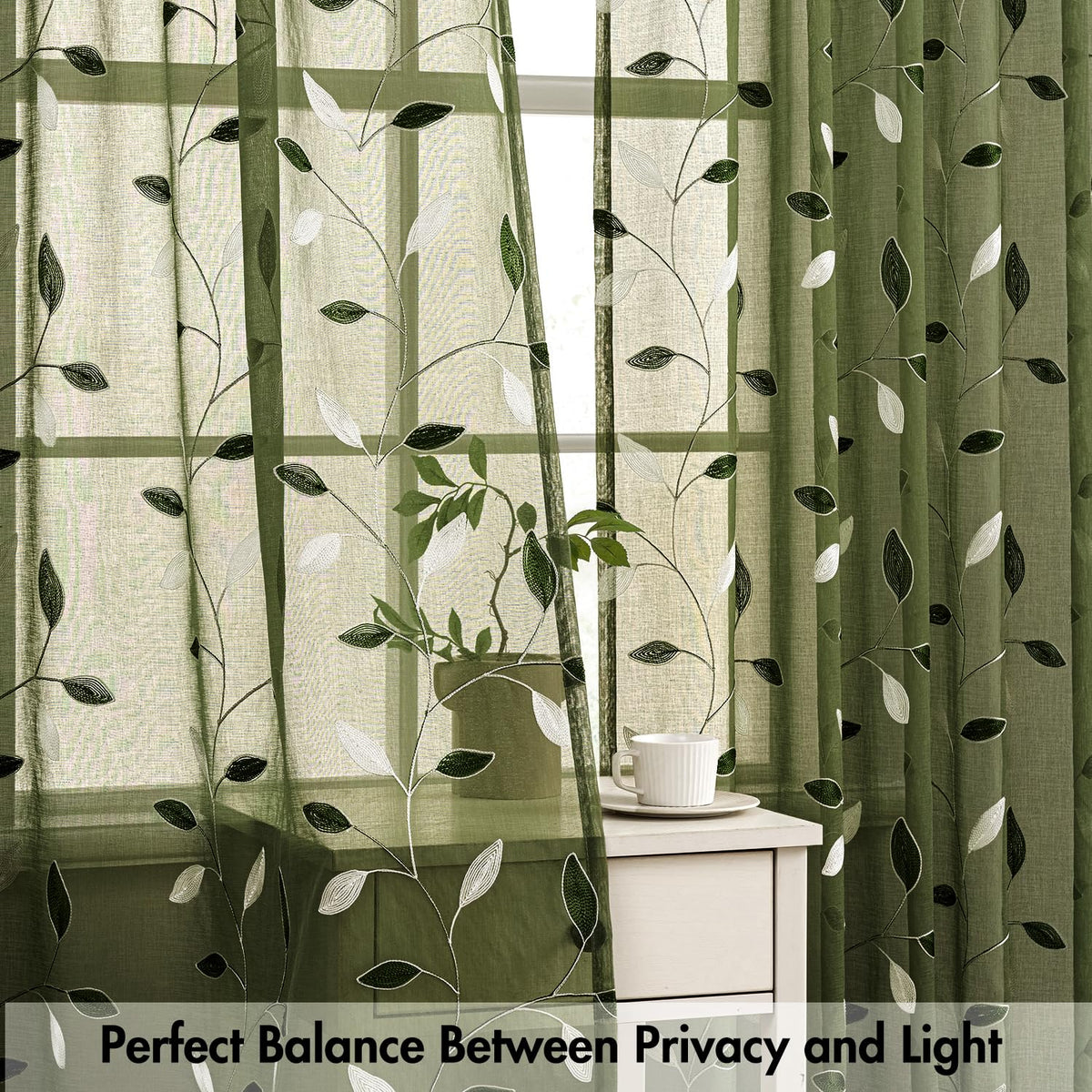 MIULEE olive green sheer curtains brighten living room ambience with soft daylight.