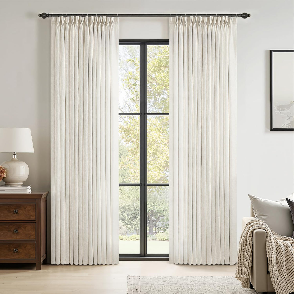 MIULEE pinched-pleats curtains close-up showing textured linen look and wrinkle resistance.