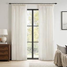 MIULEE pinched-pleats curtains close-up showing textured linen look and wrinkle resistance.
