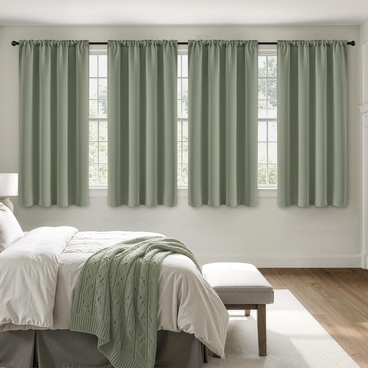 MIULEE sage green blackout curtains set overview showing four panels for room darkening.