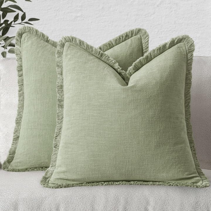 MIULEE sage green fringe pillow cover adds boho style and inviting texture.