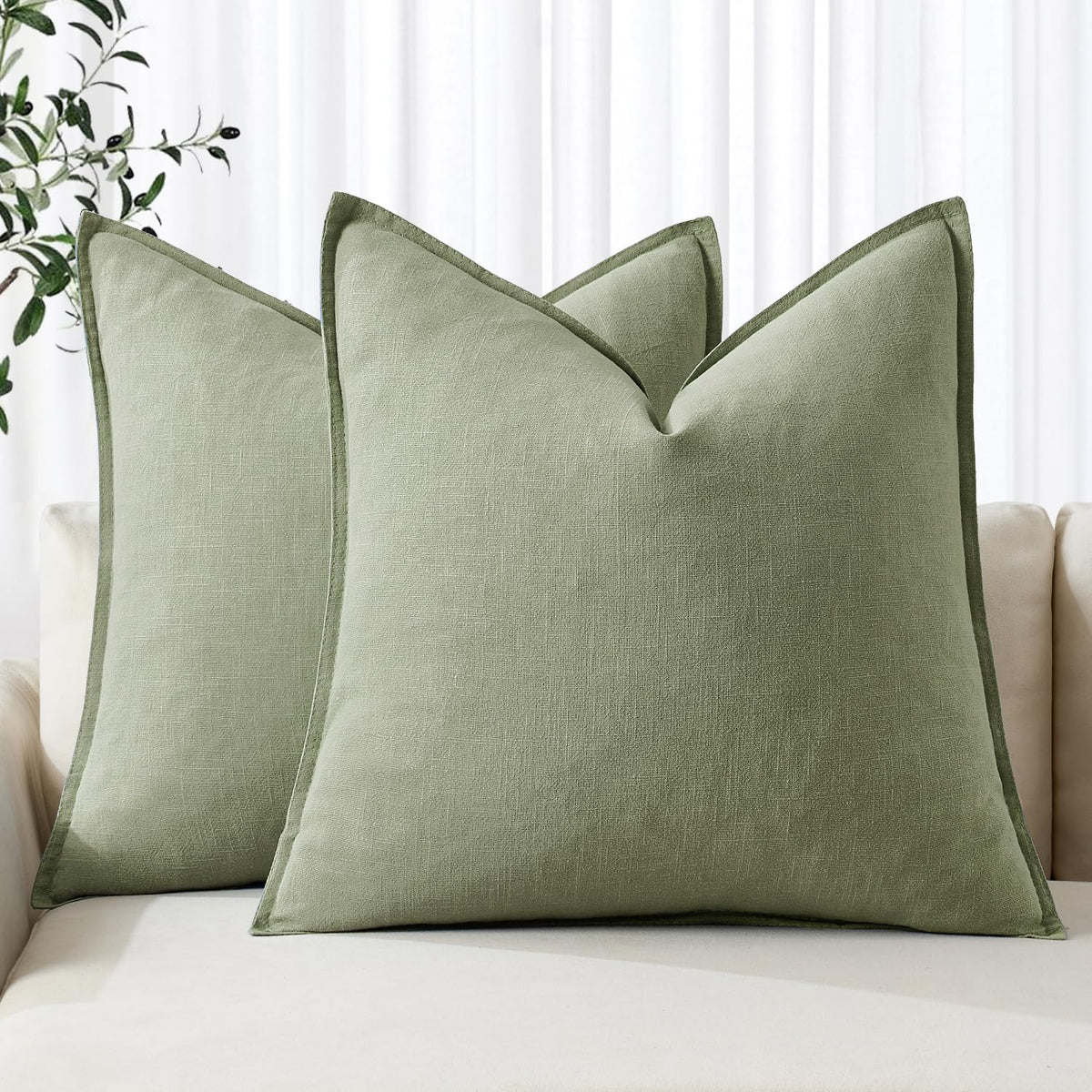 MIULEE sage green linen pillow cover front view for a chic living room look