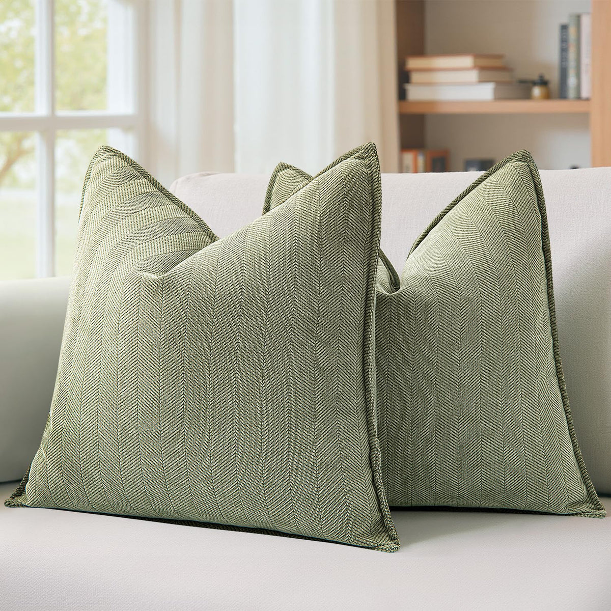 MIULEE sage green pillow cover front view showcases plush chenille texture and full 22x22 fit.