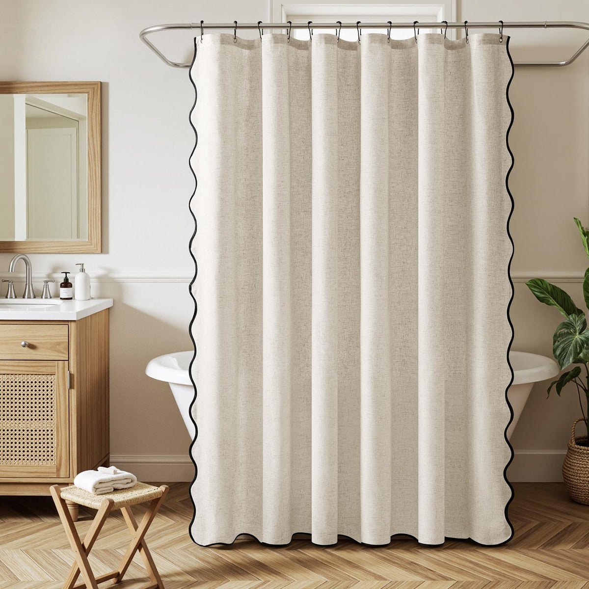 MIULEE scalloped curtain edge with black trim enhances bathroom style