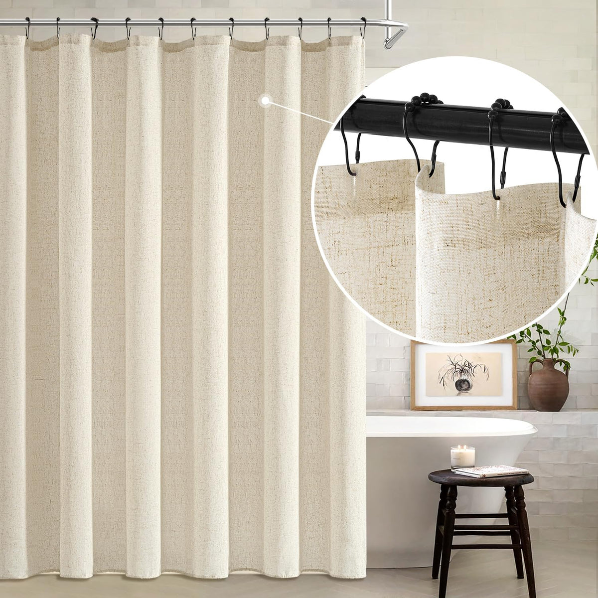 MIULEE shower curtain with 12 metal hooks enables smooth sliding