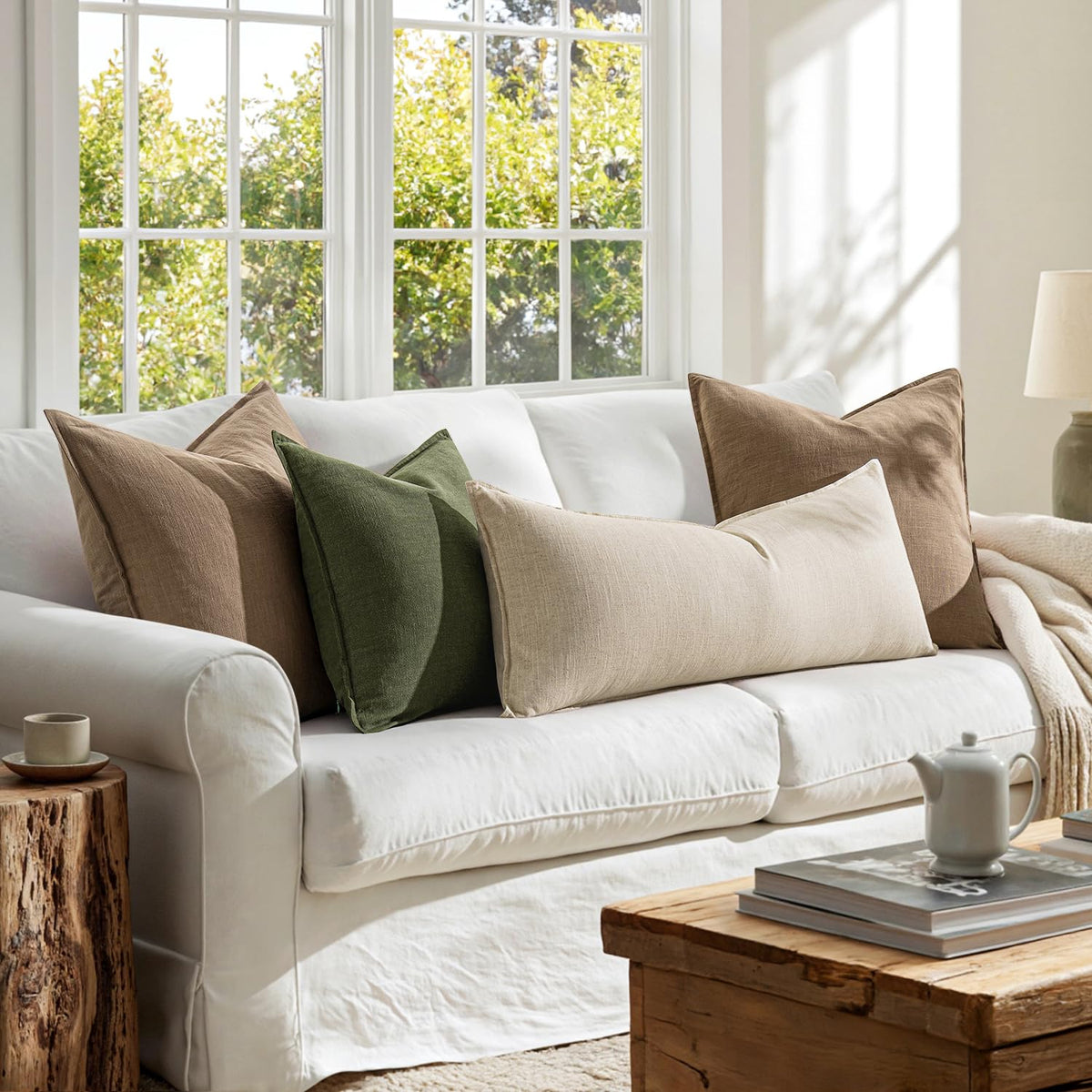 MIULEE solid-color pillow cover complements sofa, bed, and outdoor spaces.