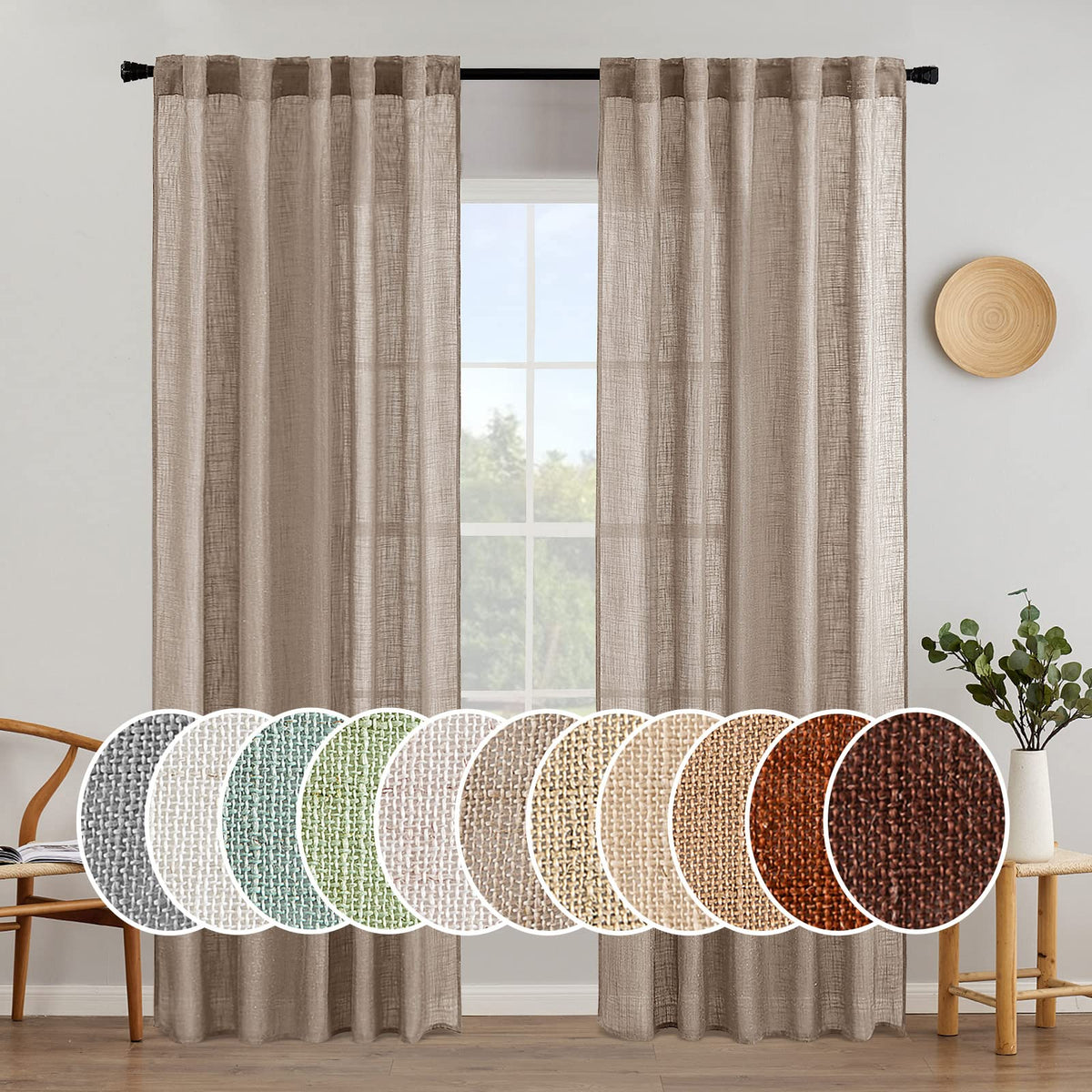 MIULEE Taupe Linen Curtains panel front view with rod pocket for easy hanging and privacy.