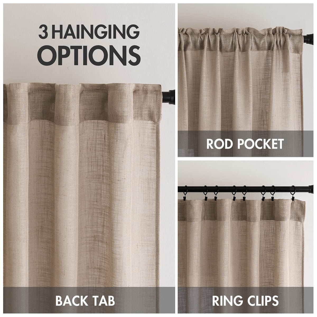 MIULEE Taupe Linen Curtains back tab detail for effortless top-rod setup.