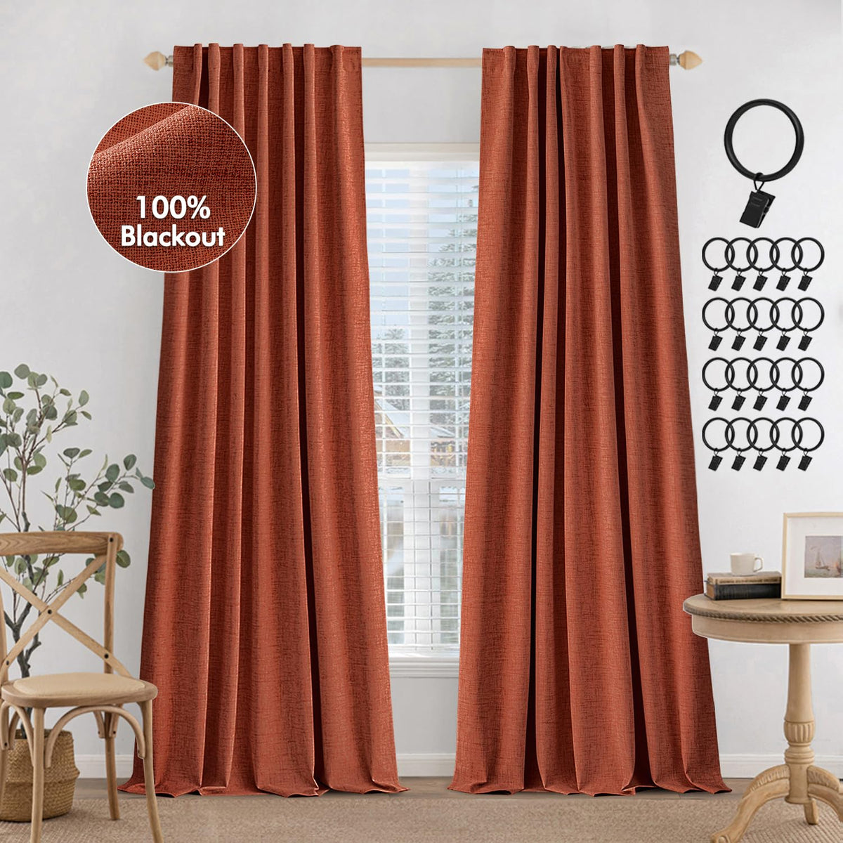 MIULEE terracotta blackout curtains with back tab for secure hanging and privacy.