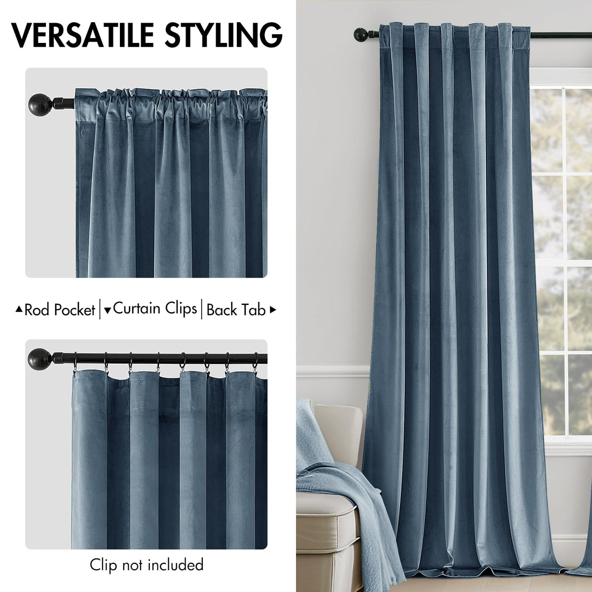 MIULEE velvet curtains dusty blue hung with rod pocket for easy setup