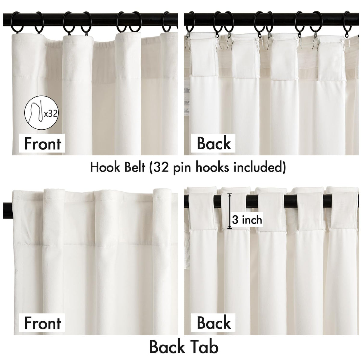 MIULEE velvet curtains demonstrate pinch pleat, back tab, and rod pocket options