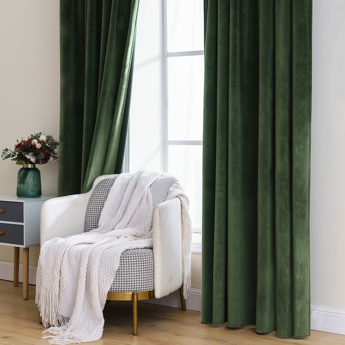 MIULEE velvet curtains olive green in a dim room creating a calm mood