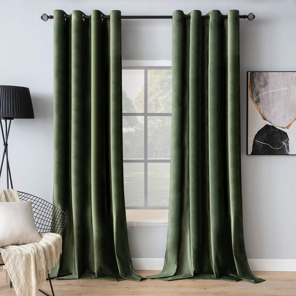 MIULEE velvet curtains olive green with grommet top provide elegant drape and privacy.