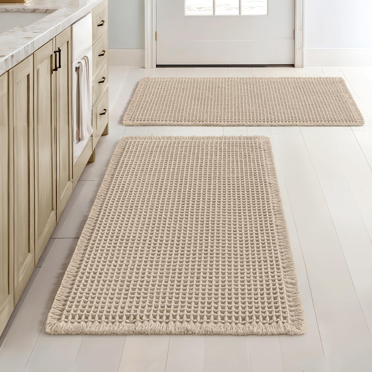 MIULEE waffle bath mats in pale beige provide a dry, cozy touch after shower time.