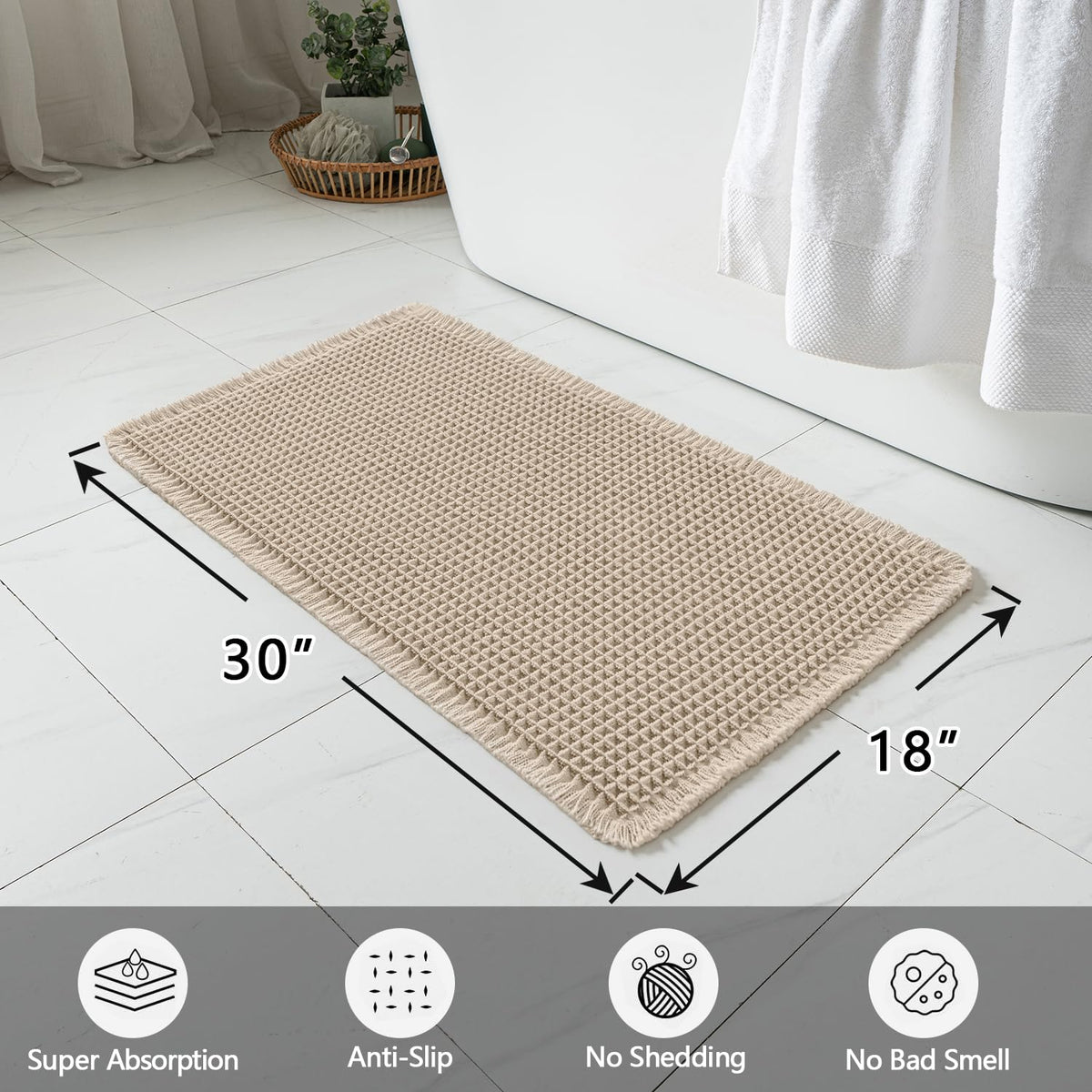 Two MIULEE waffle bath mats in pale beige with soft texture for comfort.