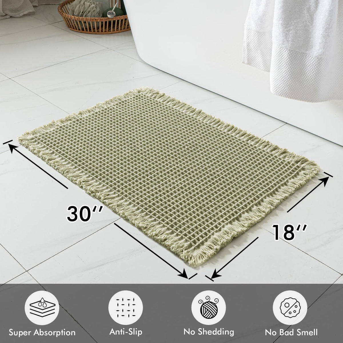 MIULEE waffle bath rug set with sage green color and full coverage in a bathroom.