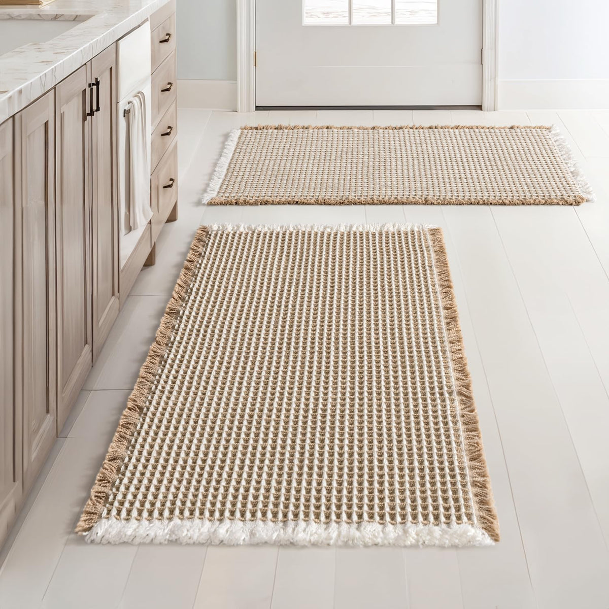 MIULEE waffle bath rug set in brown and white, 18x30, keeps feet warm and dry.