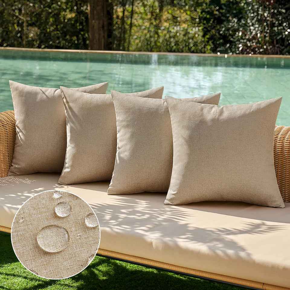 MIULEE waterproof outdoor pillow cover in light tan; protects cushions from rain on patios.