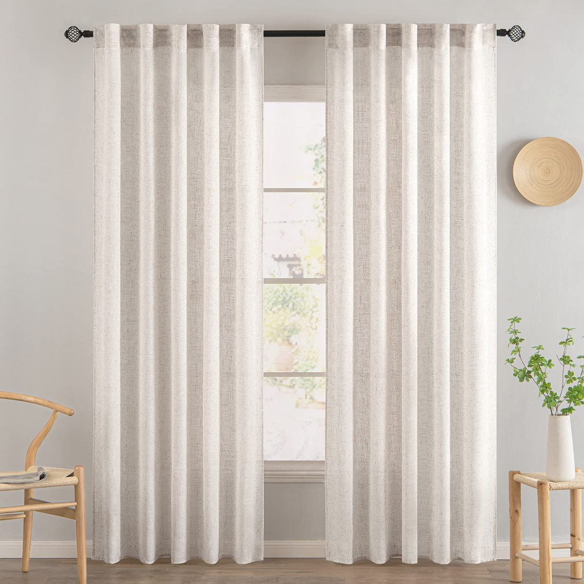 MIULEE white linen curtains rod-pocket hanging detail for easy, versatile installation.