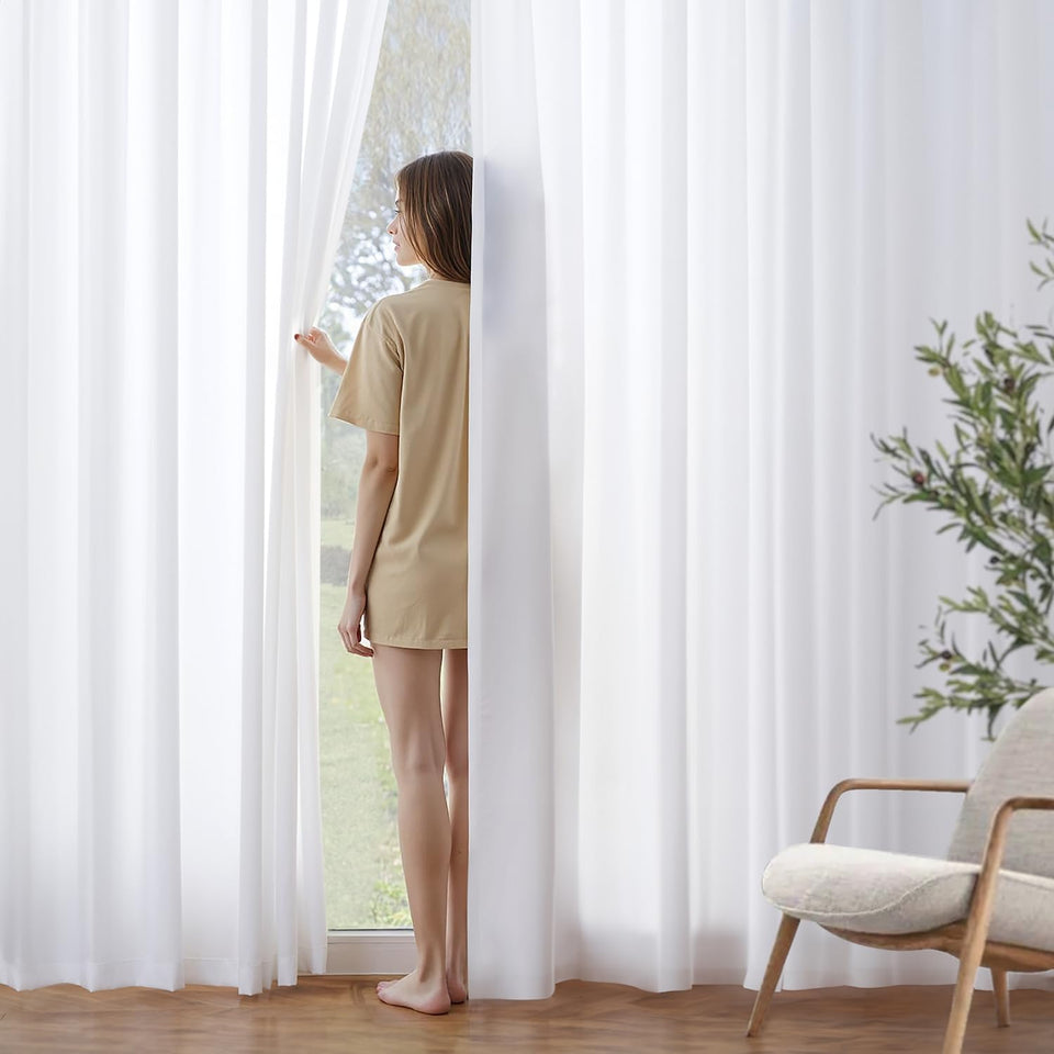 MIULEE white privacy curtain panel close-up stitching demonstrates durable seam quality.