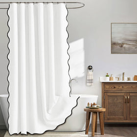 MIULEE white scalloped shower curtain with linen texture and water-repellent finish for quick drying.