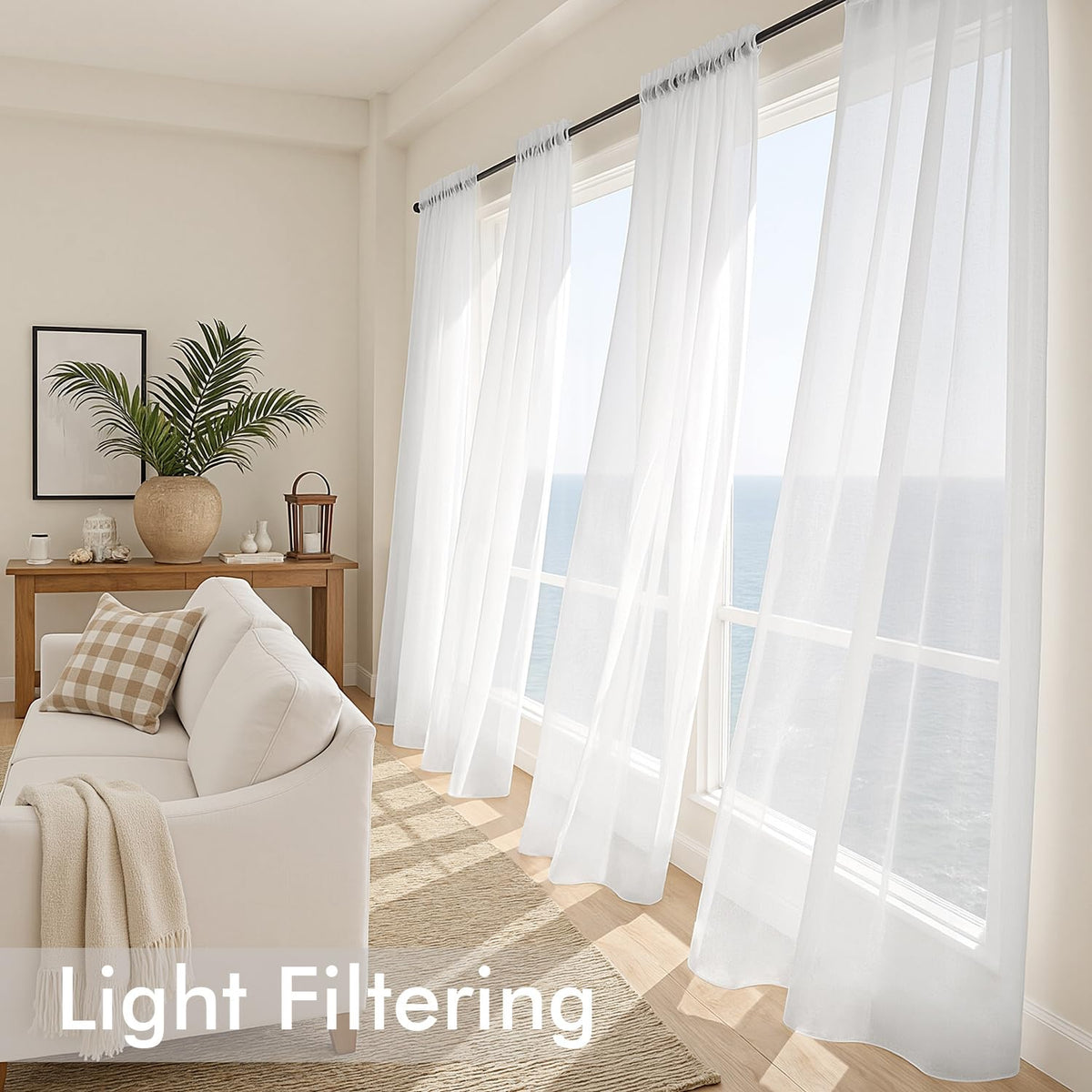 MIULEE White Sheer Curtains living room setup showcasing airy, elegant decor.