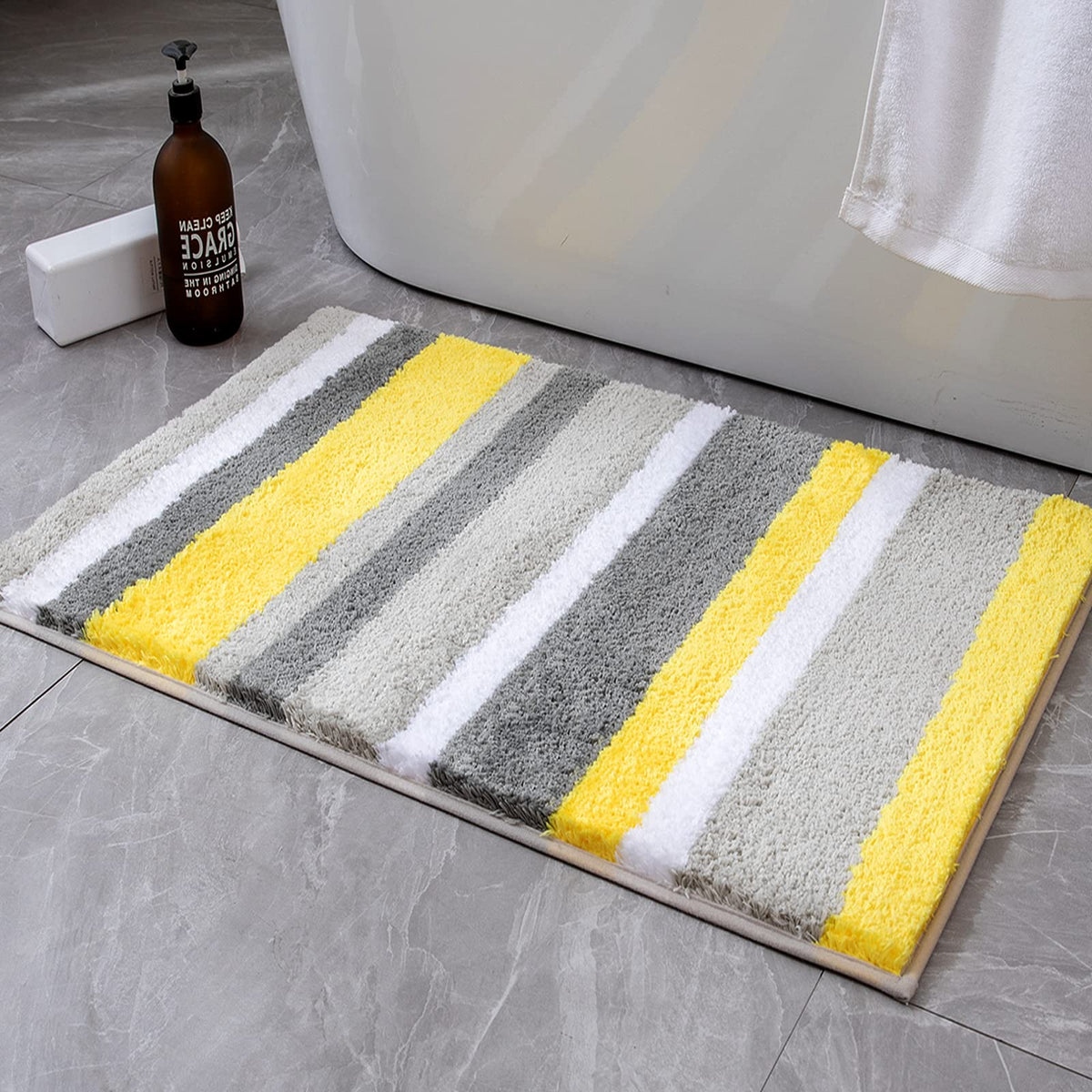 MIULEE Yellow Grey Bath Rug stripe pattern adds cozy warmth to your bathroom.