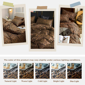 Mixinni queen-size bed with leopard comforter creates bold inviting ambience.