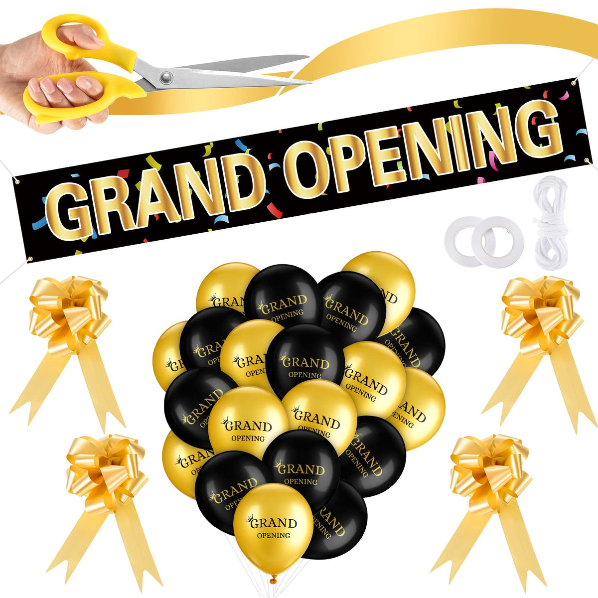 Mixweer grand-opening banner with black and gold confetti for a bold ceremony backdrop