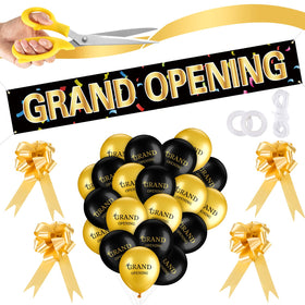 Mixweer grand-opening banner with black and gold confetti for a bold ceremony backdrop