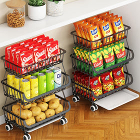 Miyawell 3-tier rolling pantry cart with open-wire baskets for easy access to fruits and snacks.