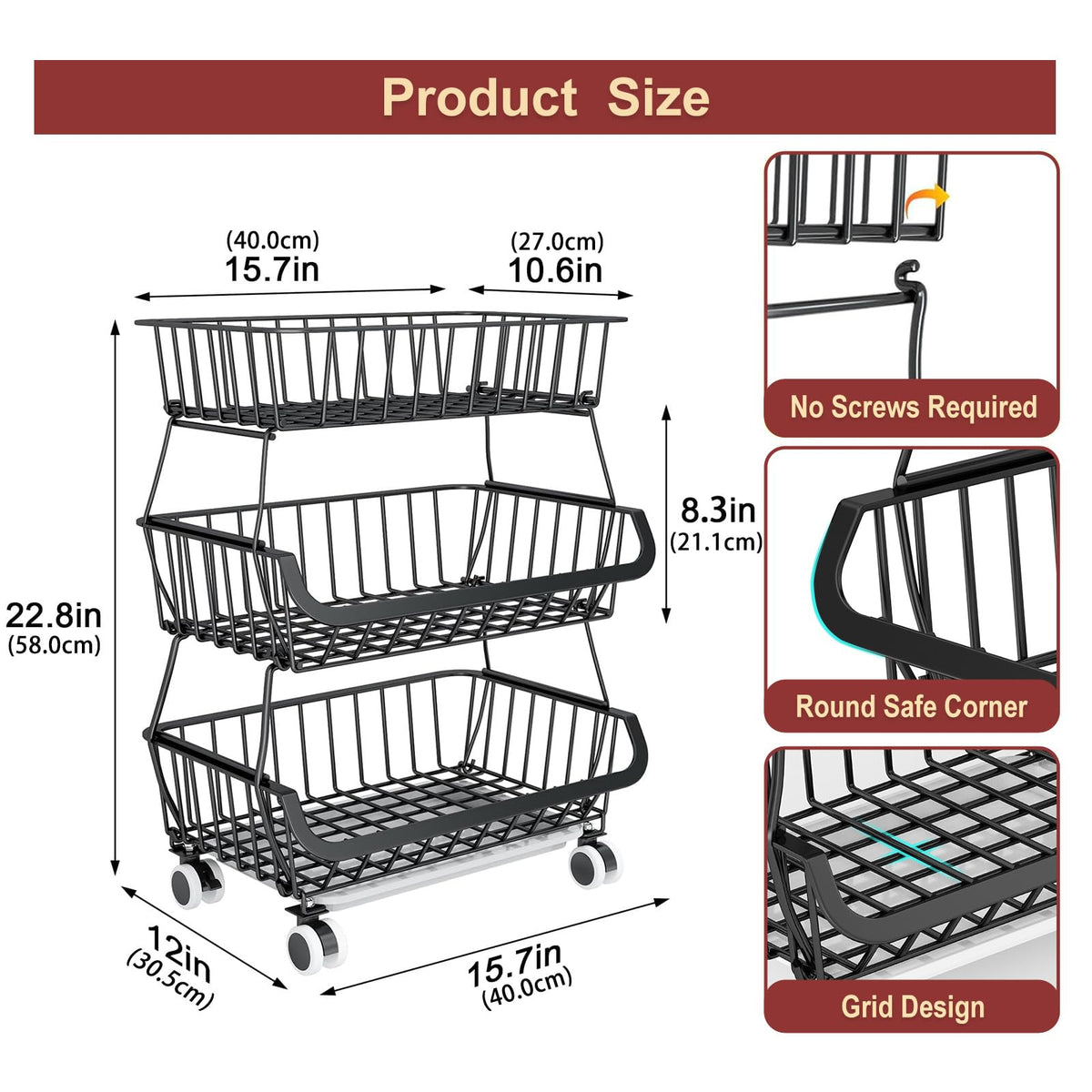 Miyawell wire baskets show a stackable layout for customizable pantry organization.