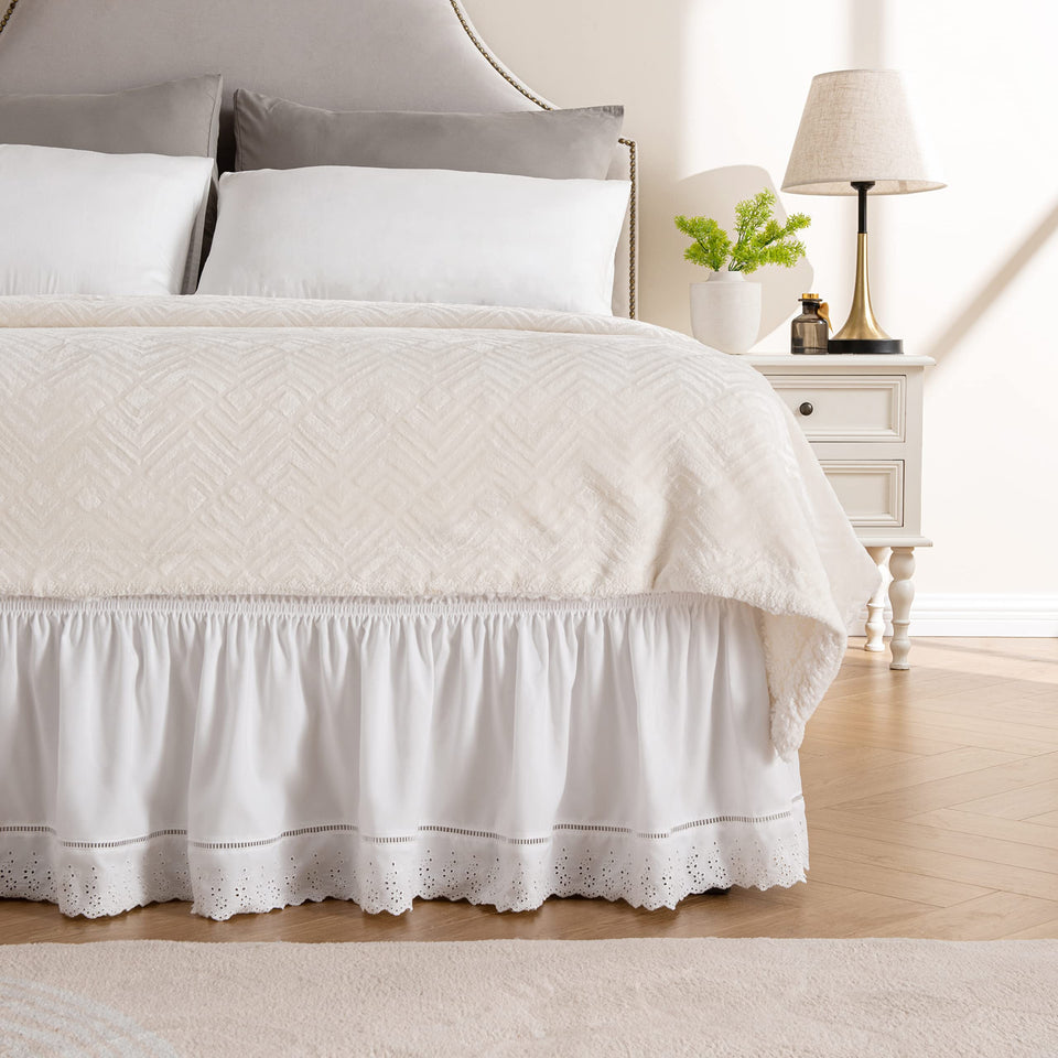 MIYE wrap-around ruffled lace bed skirt embroidery detail for a polished bedroom look.