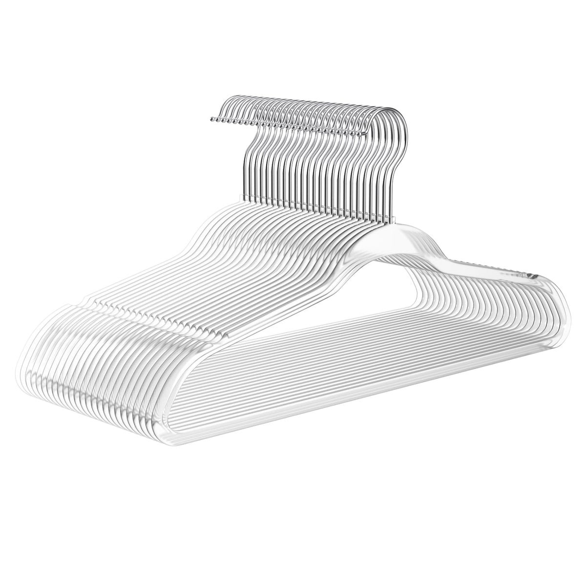 MIZGI 50-pack clear hangers showing space-saving design for organized closets.