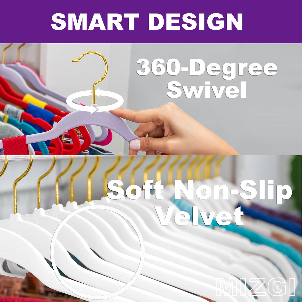 MIZGI velvet hangers with anti-slip flocking prevent slipping of shirts and coats.