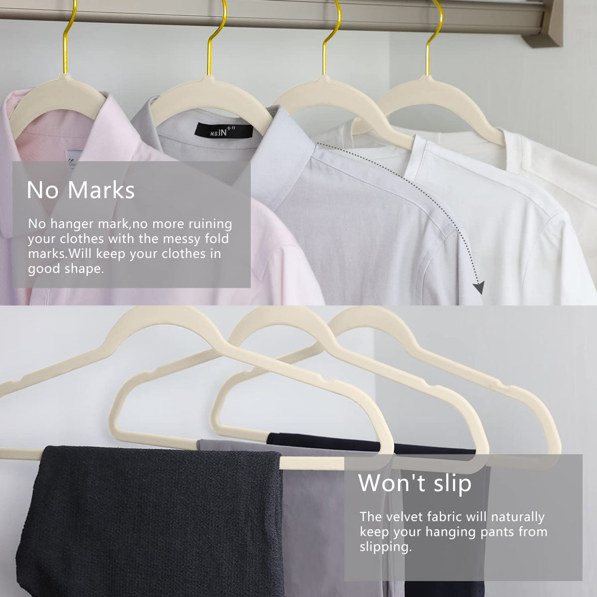 MIZGI heavy-duty velvet hangers support coats without bending.