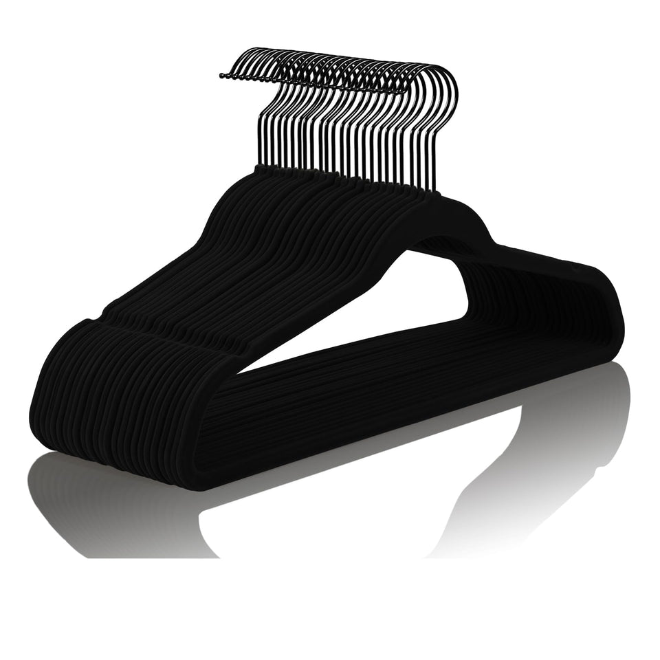 MIZGI velvet hangers stacked for space-saving closet organization