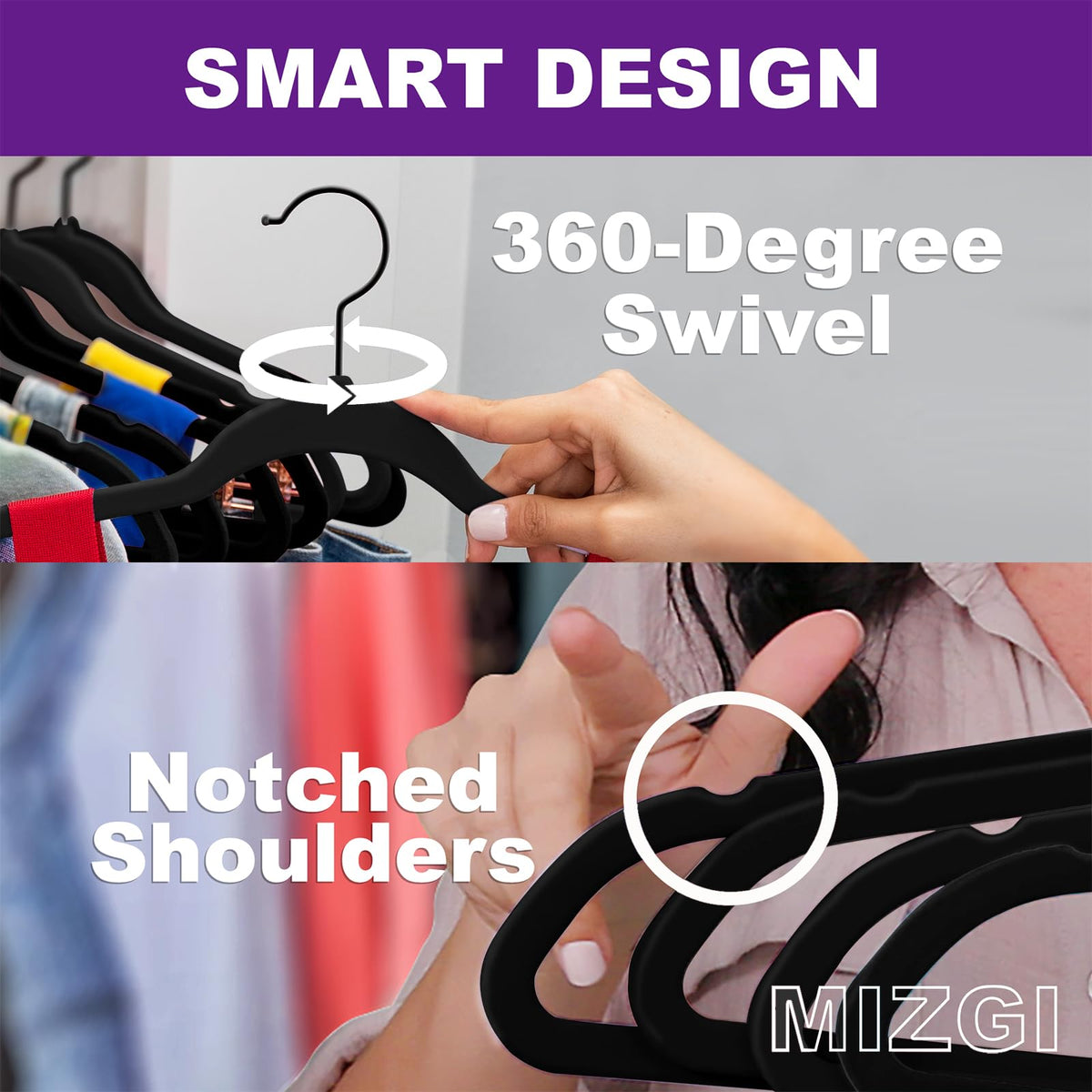 MIZGI hangers with 360-degree swivel hooks for easy access from any angle