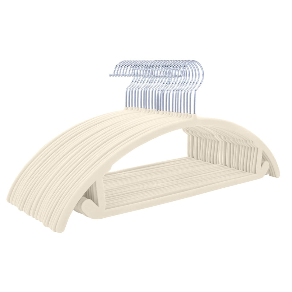 MIZGI premium velvet hangers 30-pack with contoured shoulders prevent bumps.