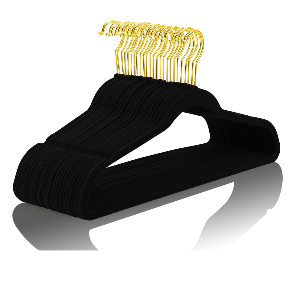 MIZGI Premium Velvet Hangers pack shot demonstrates space-saving solution for tight closets.