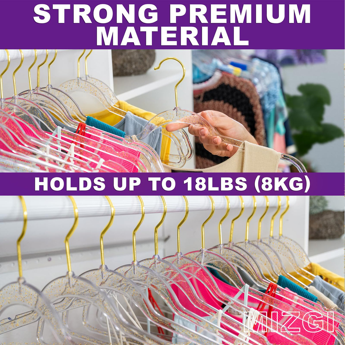MIZGI ultra-slim crystal plastic hangers maximize wardrobe visibility and airflow