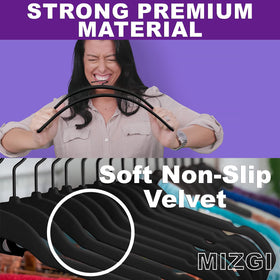MIZGI Velvet Hangers with nonslip flocking keep garments in place.