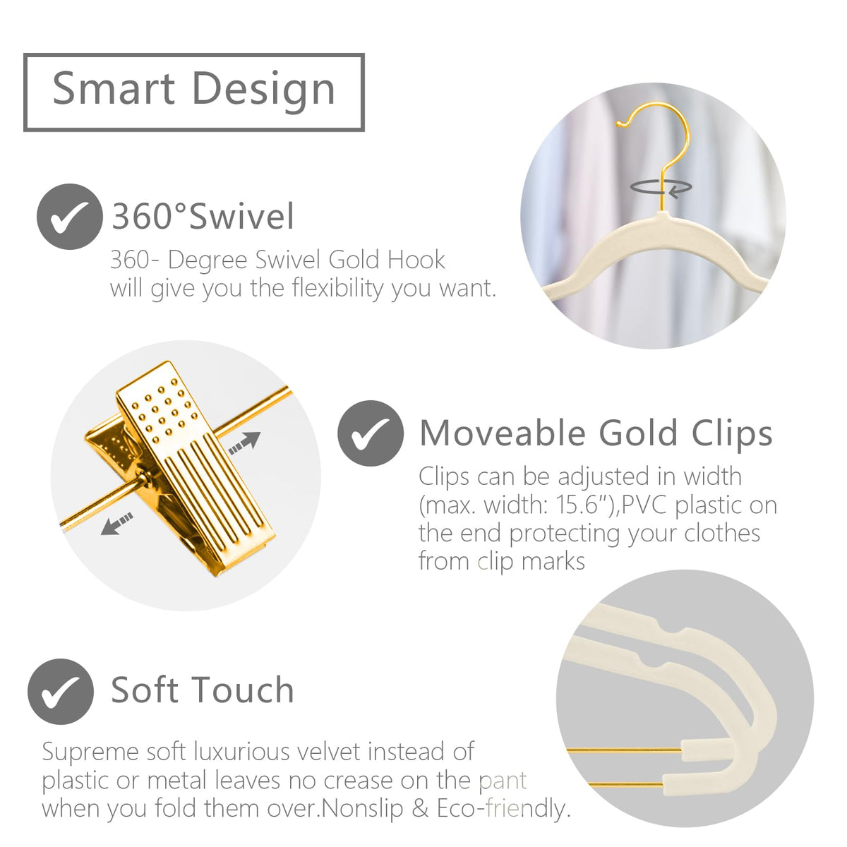 Velvet hangers with adjustable clips and gold hooks from MIZGI for secure garments