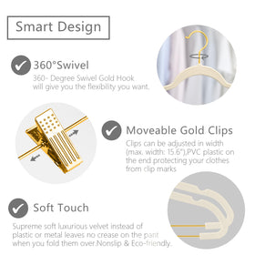 Velvet hangers with adjustable clips and gold hooks from MIZGI for secure garments