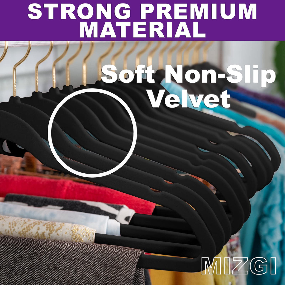 MIZGI velvet texture close-up shows non-slip grip for smooth garments.
