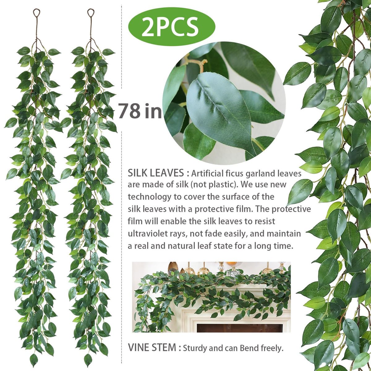 Close up of Mizii silk ficus leaves showing durable UV protection.
