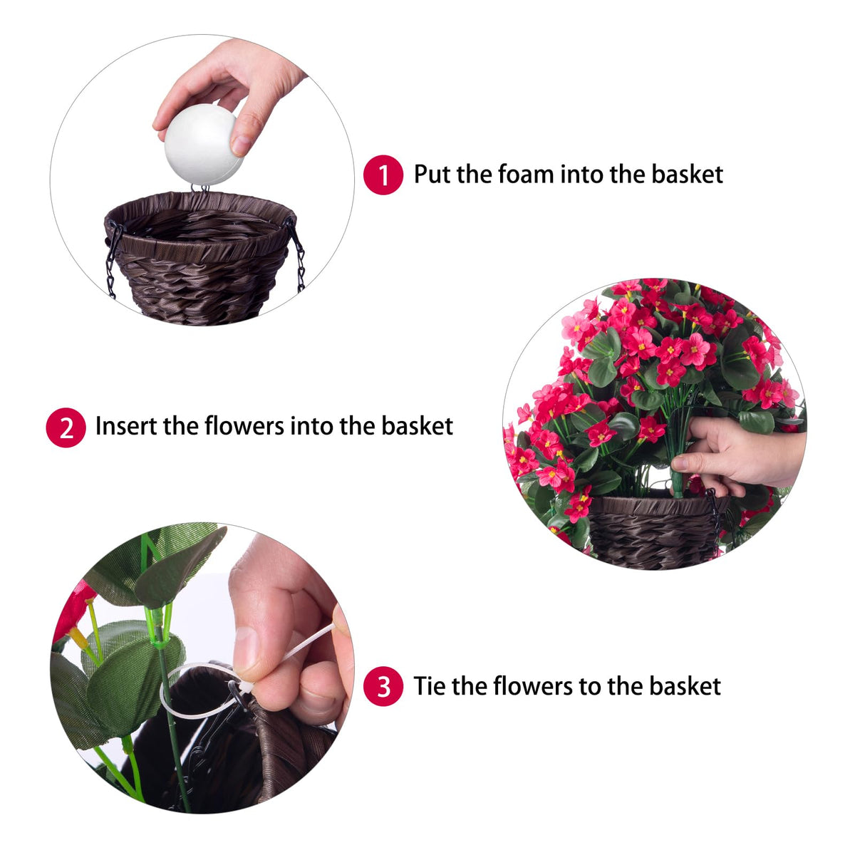 MJFloria packaging shows easy assembly of a decorative hanging flower display for patios.