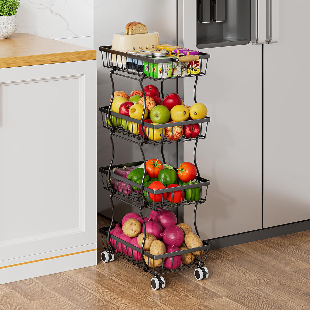 MJIMKE 4-tier cart front view showing stacked wire baskets for kitchen storage.